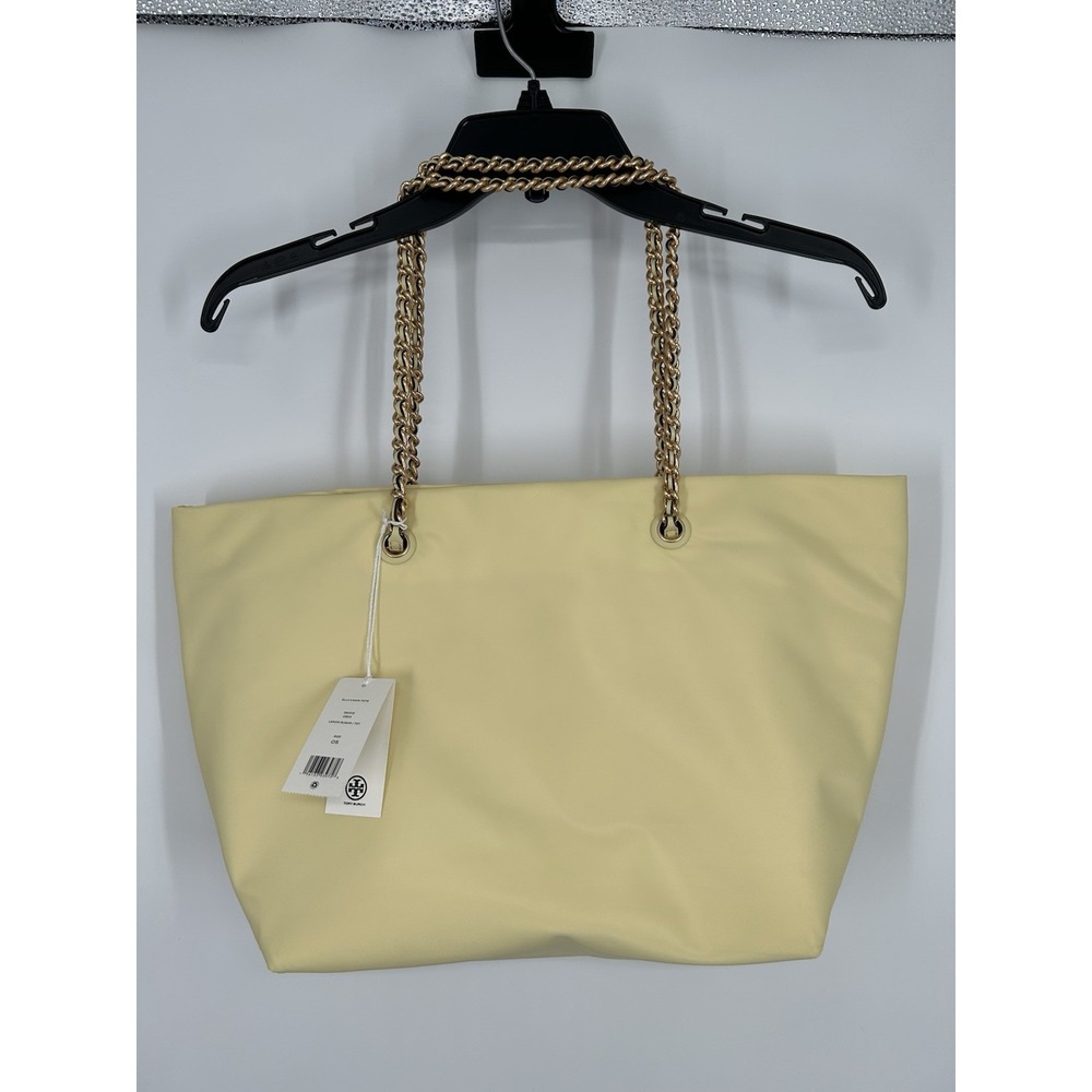 Tory Burch Lemon Sugar Ella Chain Tote Nylon Magnetic Snap Closure Yellow Bag - Picture 2 of 7